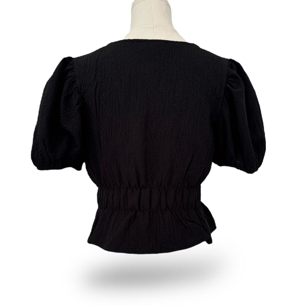 LULU'S String Bow Tie Puff Sleeve V Neck Lightweight‎ Crinkled Crepe Sz S Top - Picture 3 of 6